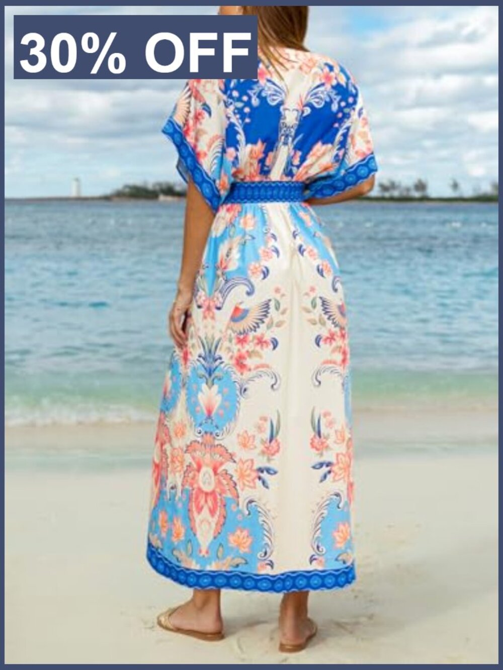 Women's Floral Maxi Dress V-Neck Short Sleeve Smocked Side Slit Pocket - Picture 2 of 7